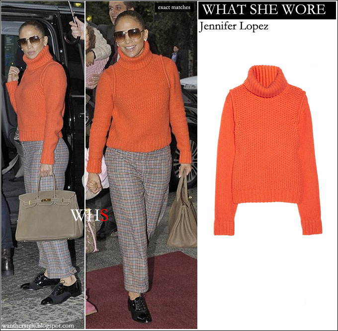 WHAT SHE WORE Jennifer Lopez in orange knit turtleneck sweater